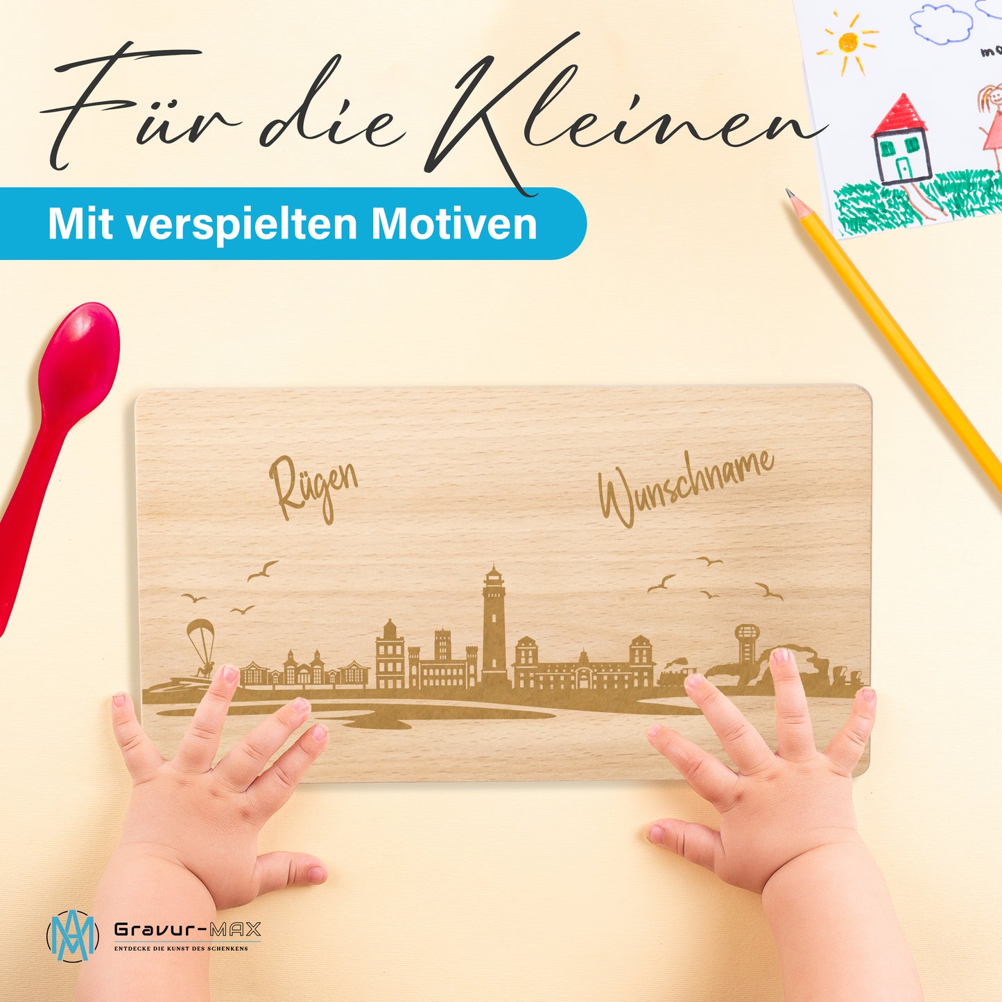 Frühstücksbrettchen 220x120mm mit Gravur mit der Skyline von Rügen personalisierbar mit Wunschname