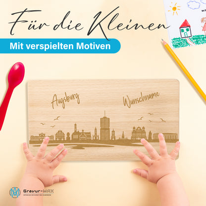 Frühstücksbrettchen 220x120mm mit Gravur mit der Skyline von Augsburg personalisierbar mit Wunschname