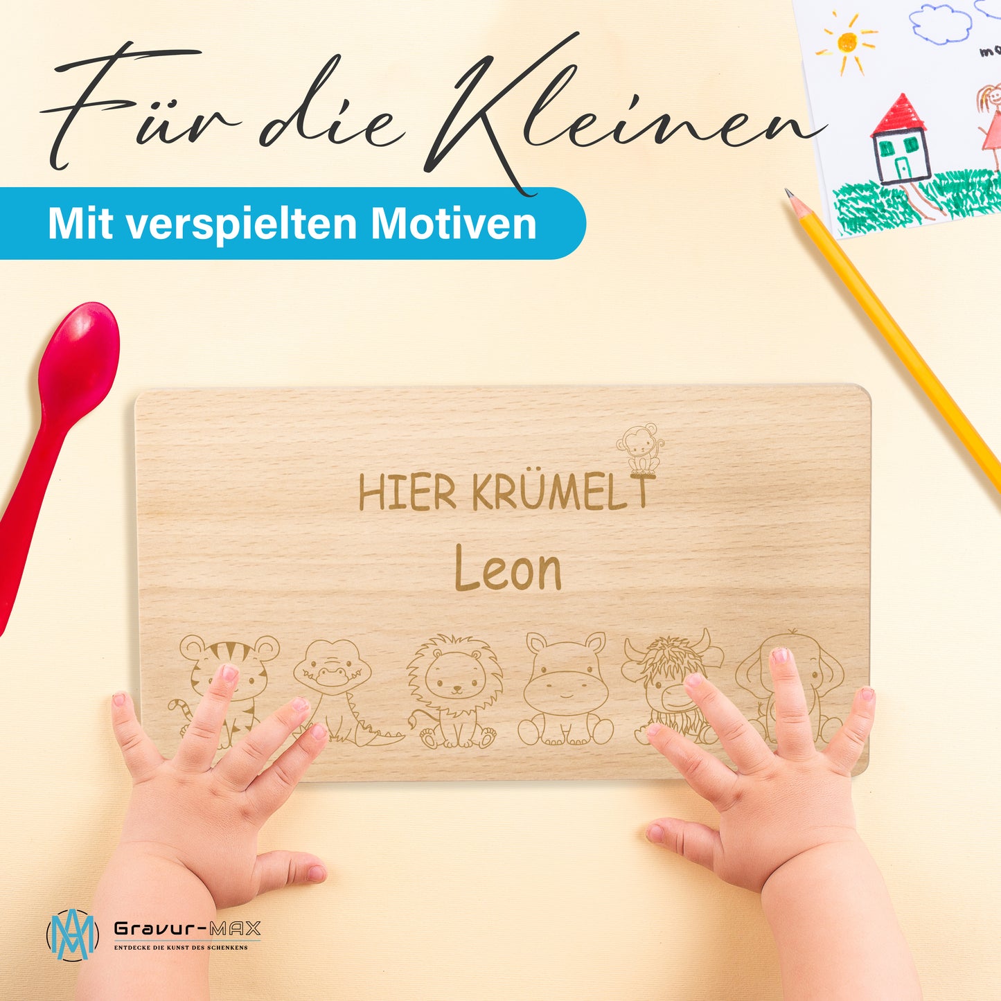 Frühstücksbrettchen 220x120mm mit Gravur "HIER KRÜMELT" Tierchen und Wunschname