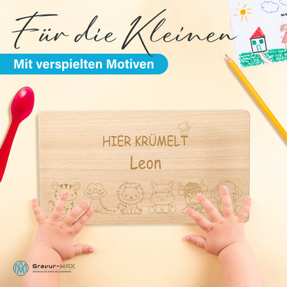 Frühstücksbrettchen 220x120mm mit Gravur "HIER KRÜMELT" Tierchen und Wunschname