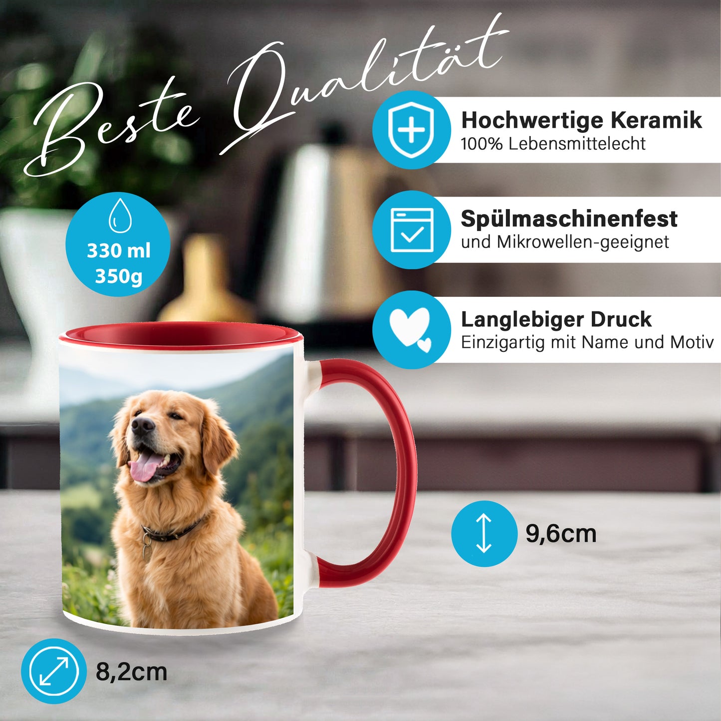 Personalisierte Fototasse selbst gestalten – in 13 ver. Farben mit eigenem Bild & Text | 3D Vorschau (330 ml)