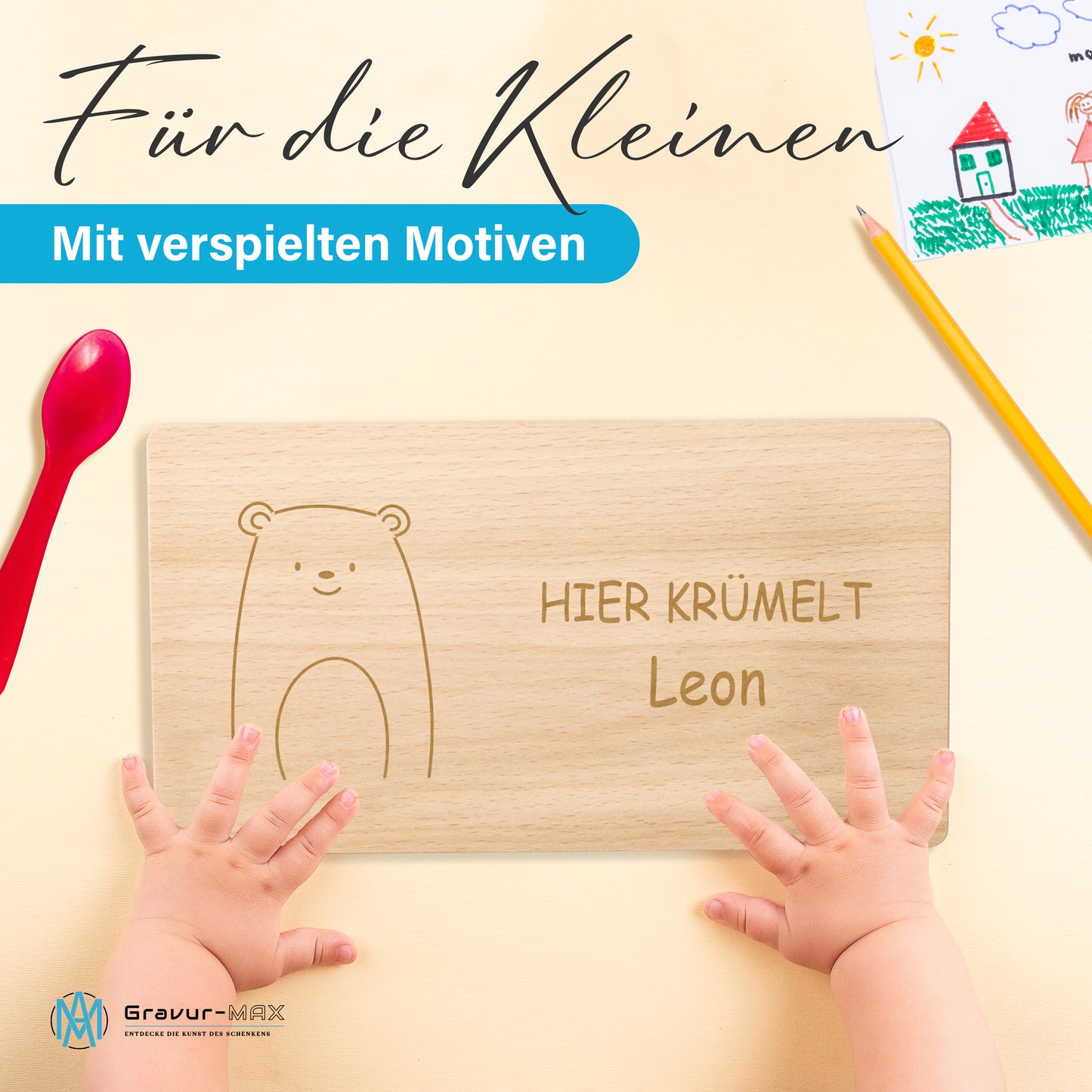 Frühstücksbrettchen 220x120mm mit Gravur "HIER KRÜMELT" niedlicher Bär und Wunschname