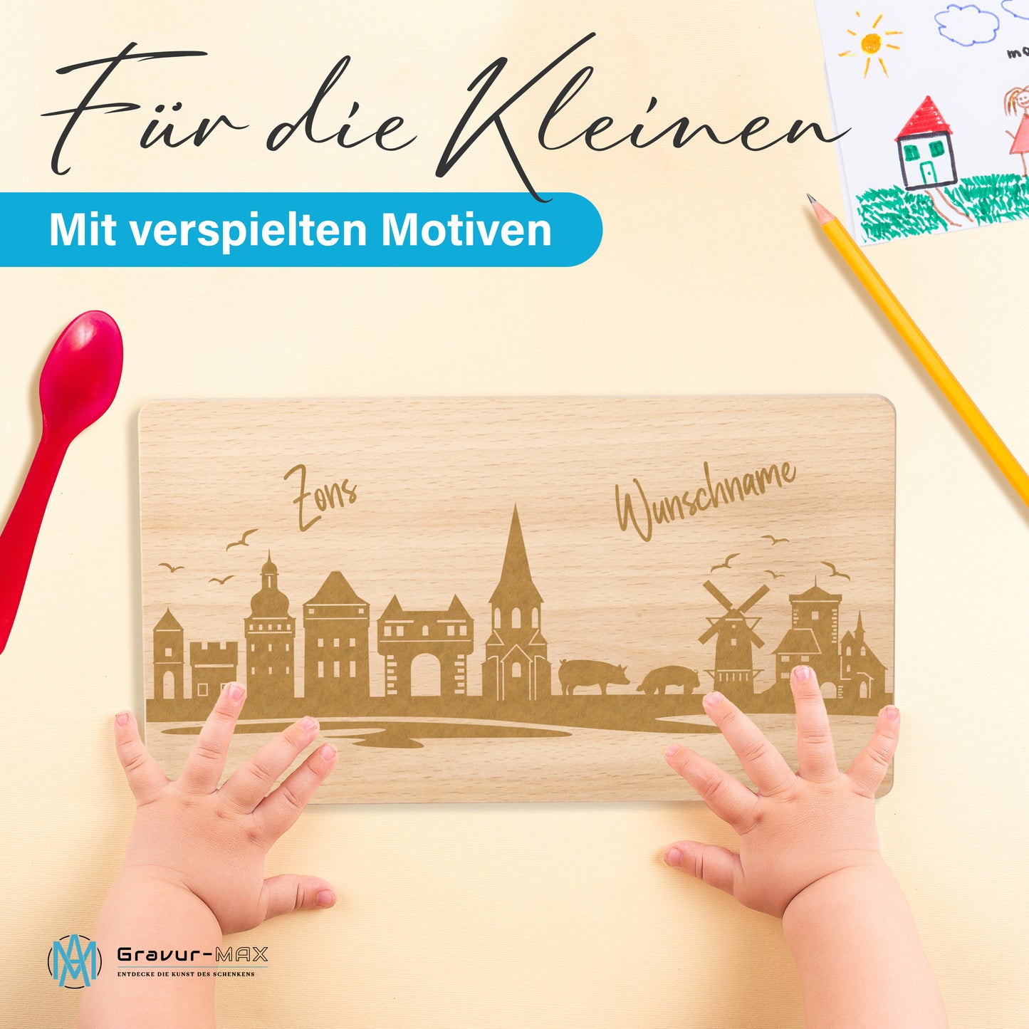 Frühstücksbrettchen 220x120mm mit Gravur mit der Skyline von Zons (Dormagen) personalisierbar mit Wunschname