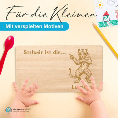 Frühstücksbrettchen mit Gravur Leopard "… ist die LUSTIGSTE" mit Wunschname