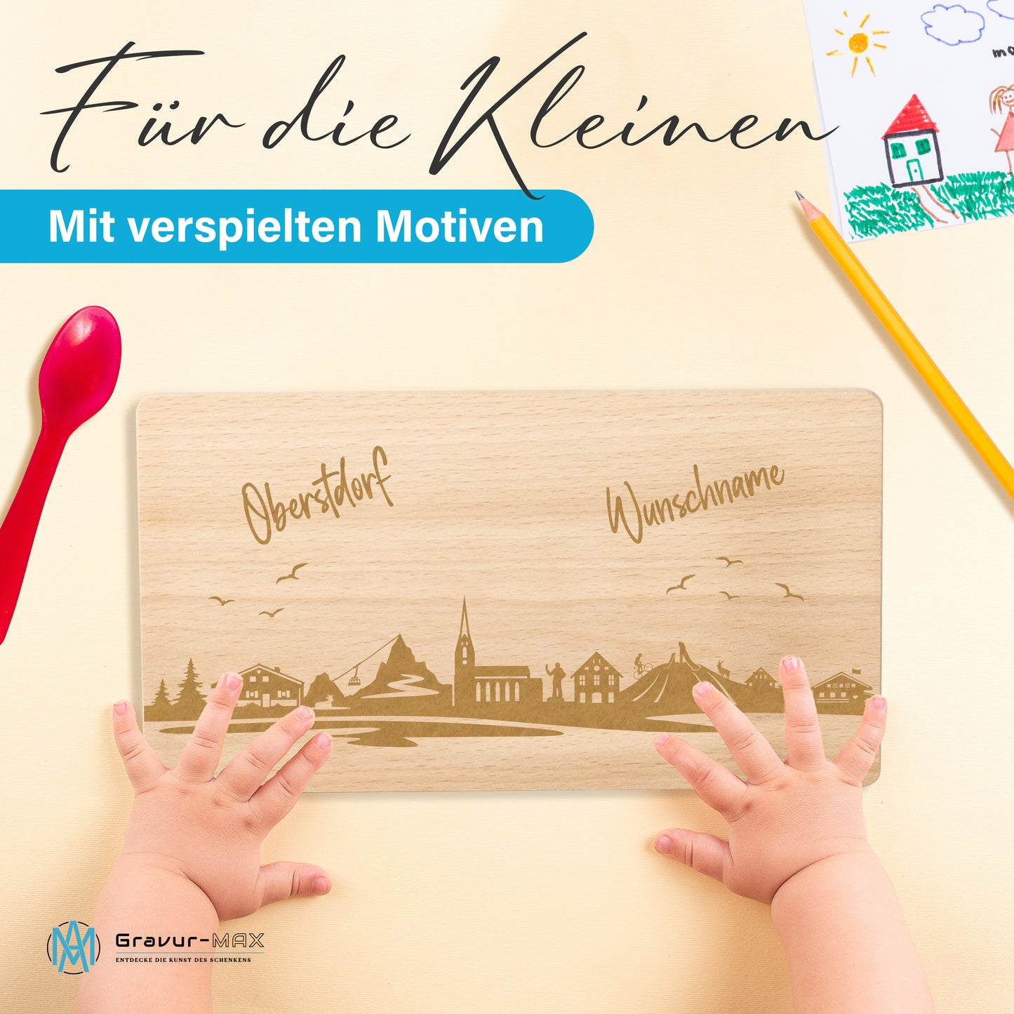 Frühstücksbrettchen 220x120mm mit Gravur mit der Skyline von Oberstdorf personalisierbar mit Wunschname