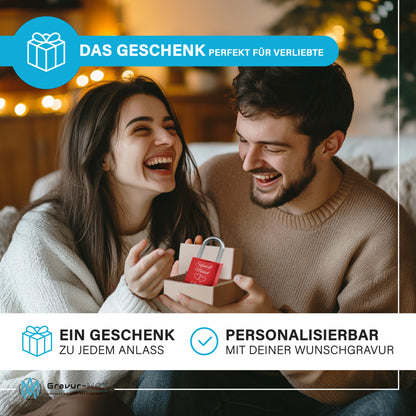 Liebesschloss in Rot mit Gravur "Doppelherz" personalisiert mit Wunschnamen in 6 ver. Farben