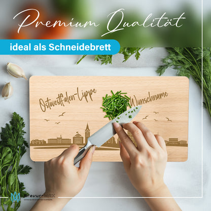 Frühstücksbrettchen 220x120mm mit Gravur mit der Skyline von Ostwestfalen-Lippe personalisierbar mit Wunschname