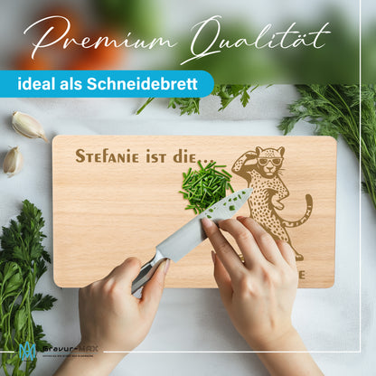 Frühstücksbrettchen mit Gravur Leopard "… ist die SCHÖNSTE" mit Wunschname