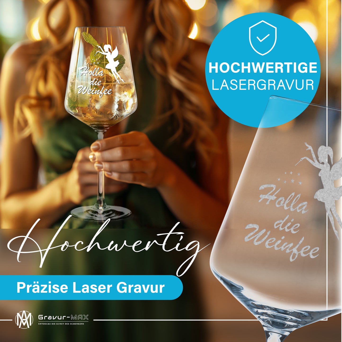 Weinglas mit Gravur Leonardo Puccini "HOLLA DIE WEINFEE" 2 Gläser