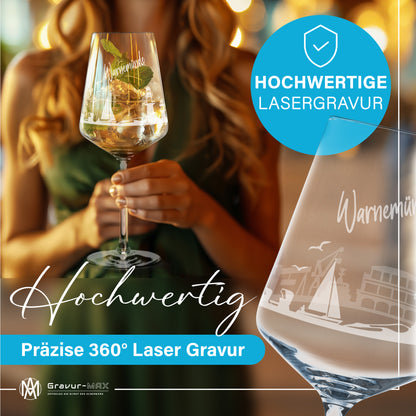 Weinglas mit Gravur Leonardo Puccini "SKYLINE WARNEMÜNDE" 2 Gläser optional mit Wunschname