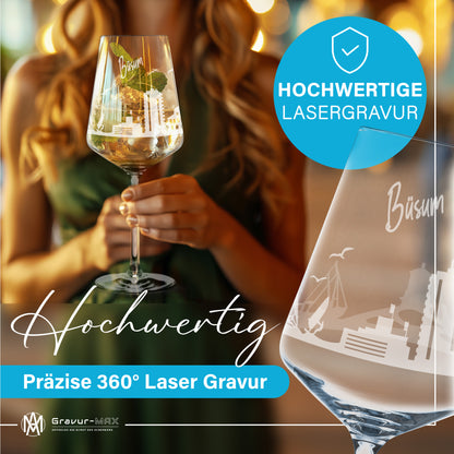 Weinglas mit Gravur Leonardo Puccini "SKYLINE BÜSUM" 2 Gläser optional mit Wunschname
