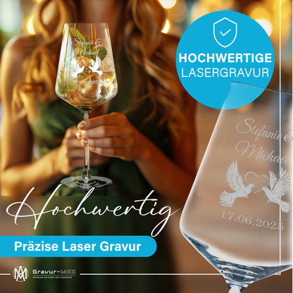 Weinglas mit Gravur Leonardo Puccini "LIEBESGLAS TAUBE" 2 Gläser und Holzbox groß mit Wunschname & Datum