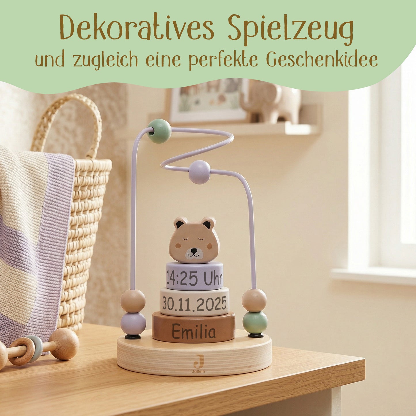 Jollein Aktivitätsspirale Gepard personalisierbar mit Name & Datum aus FSC-Holz - Motorikspielzeug - Babygeschenk zur Geburt oder Taufe