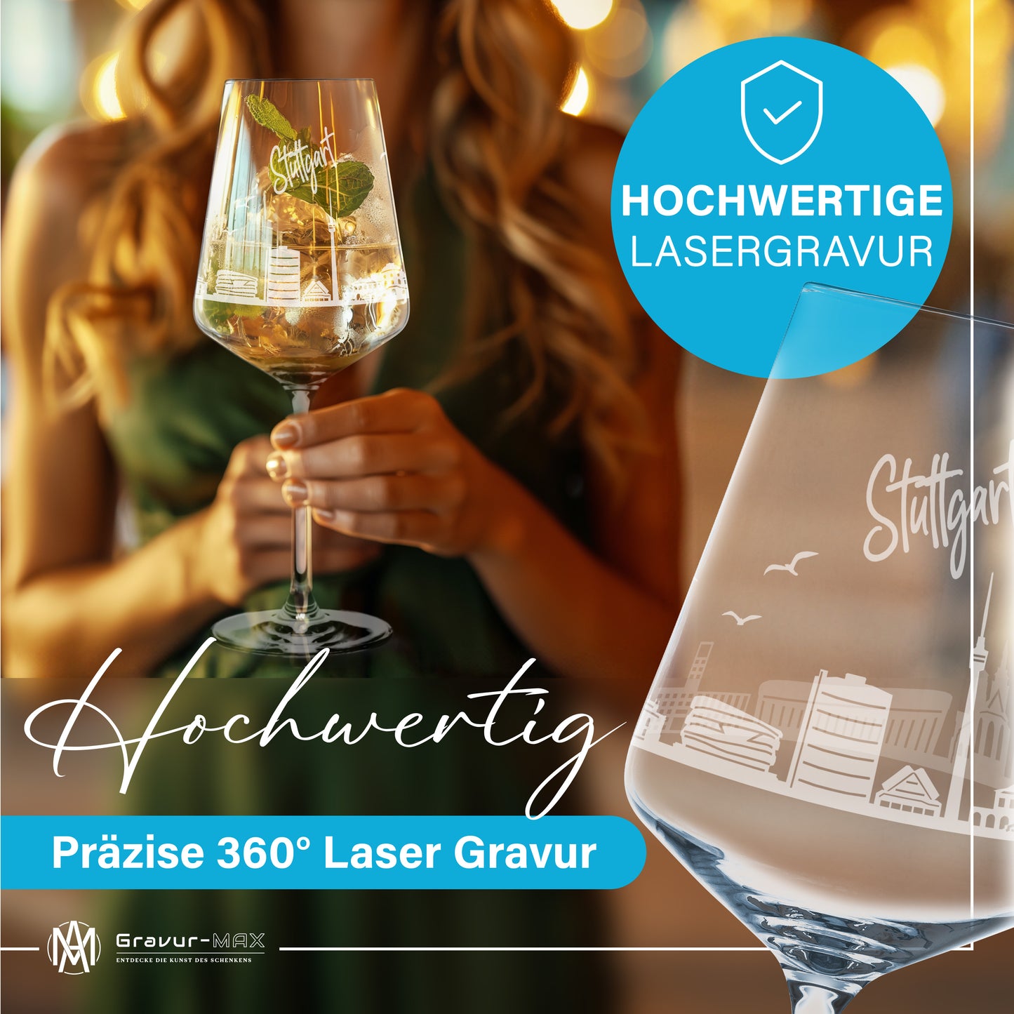 Weinglas mit Gravur Leonardo Puccini "SKYLINE STUTTGART" 2 Gläser optional mit Wunschname