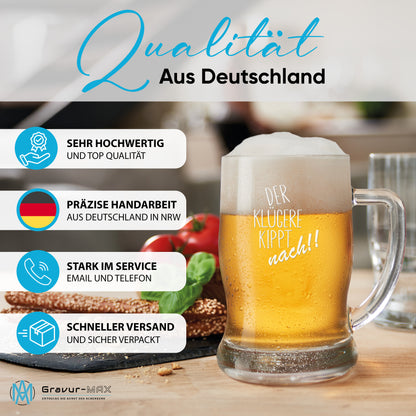 Bierkrug 0,5L mit Gravur Leonardo Taverna Bierglas "Der klügere kippt nach!!" 2 Gläser