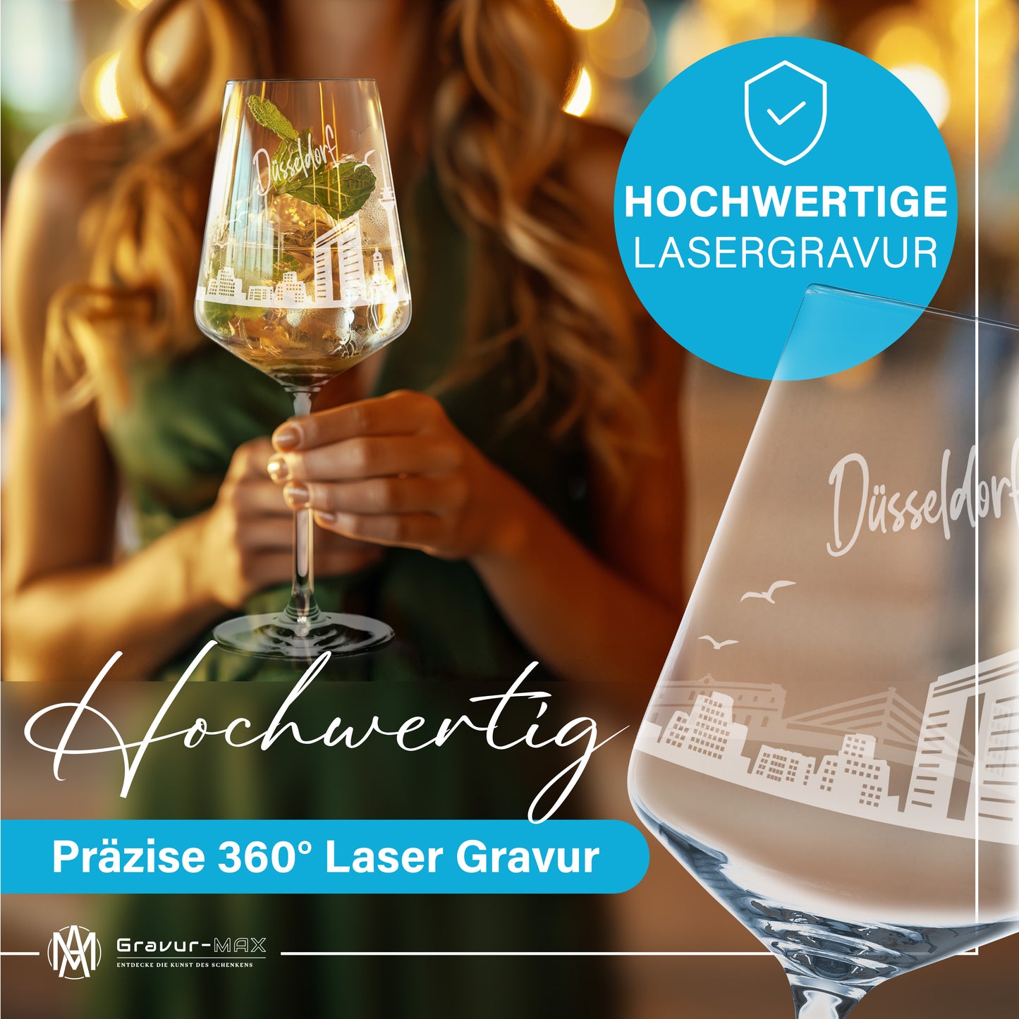 Weinglas mit Gravur Leonardo Puccini "SKYLINE DÜSSELDORF" 2 Gläser optional mit Wunschname