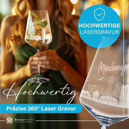 Weinglas mit Gravur Leonardo Puccini "SKYLINE MÖNCHENGLADBACH" optional mit Wunschname