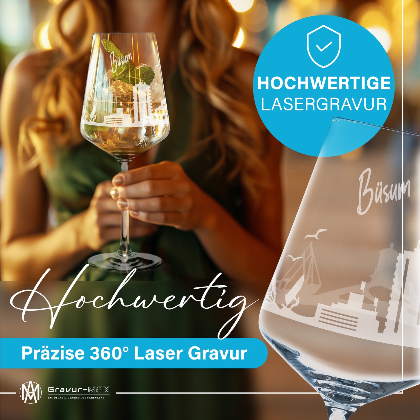 Weinglas mit Gravur Leonardo Puccini "SKYLINE BÜSUM" optional mit Wunschname
