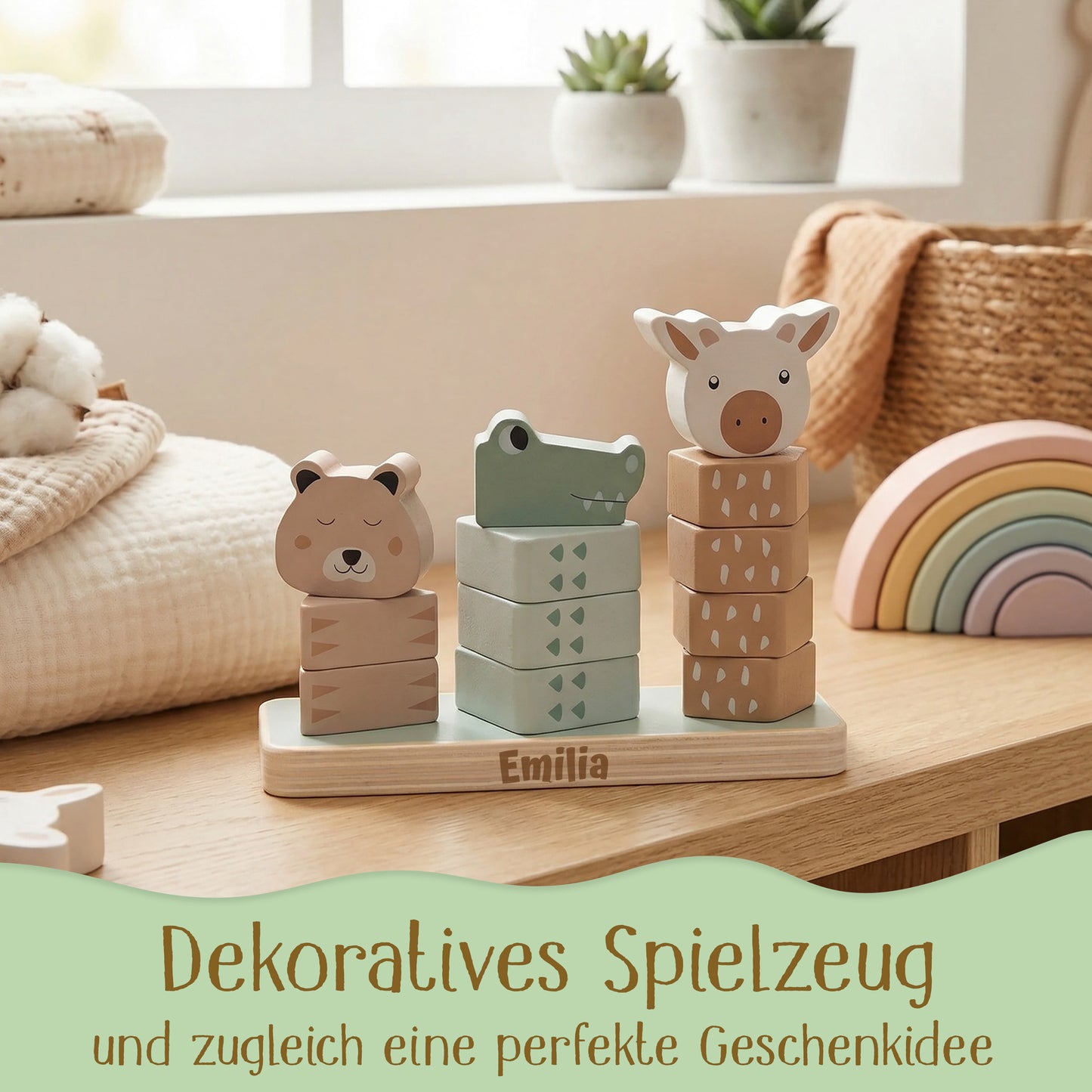 Jollein Stapelturm personalisierbar mit Name & Datum aus FSC-Holz - Babygeschenk zur Geburt oder Taufe