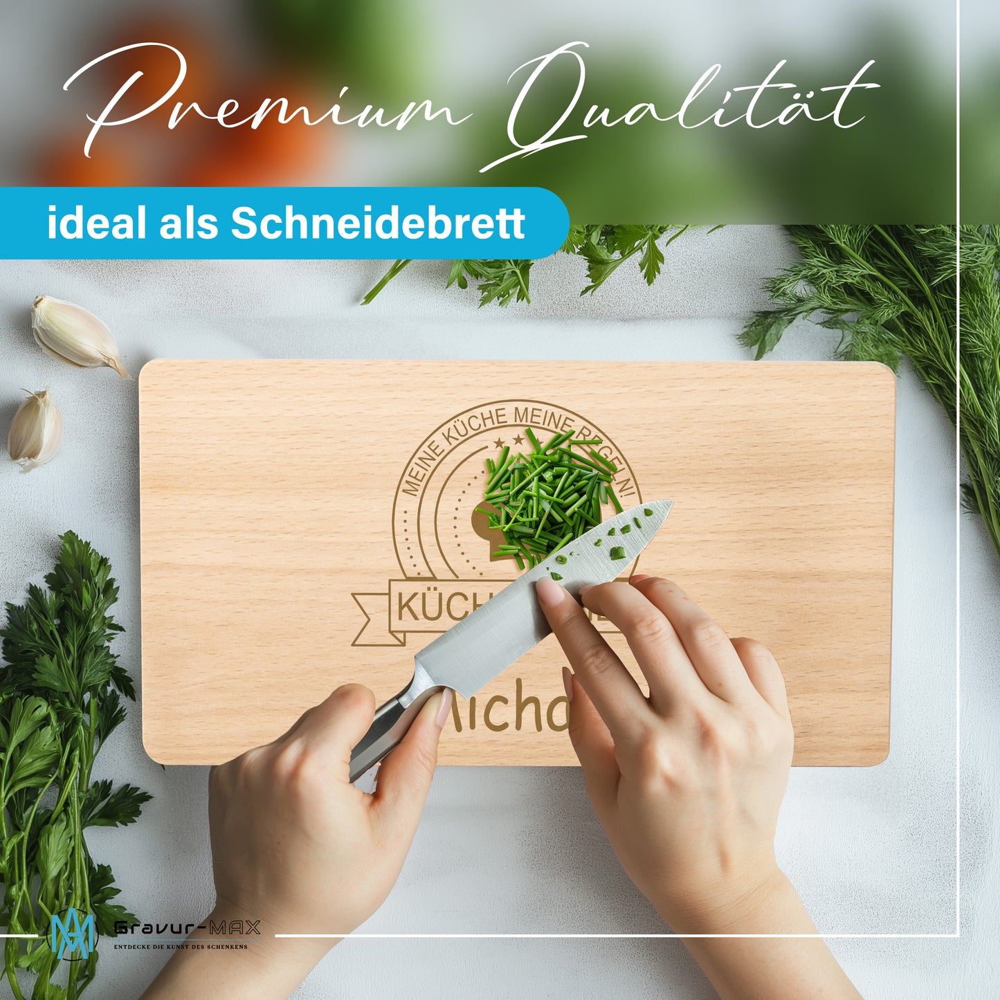Frühstücksbrettchen mit Gravur Küchenchef "MEINE KÜCHE MEINE REGELN" mit Wunschname