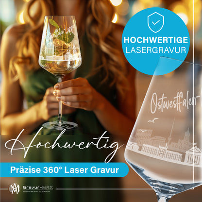 Weinglas mit Gravur Leonardo Puccini "SKYLINE OSTWESTFALEN-LIPPE" optional mit Wunschname