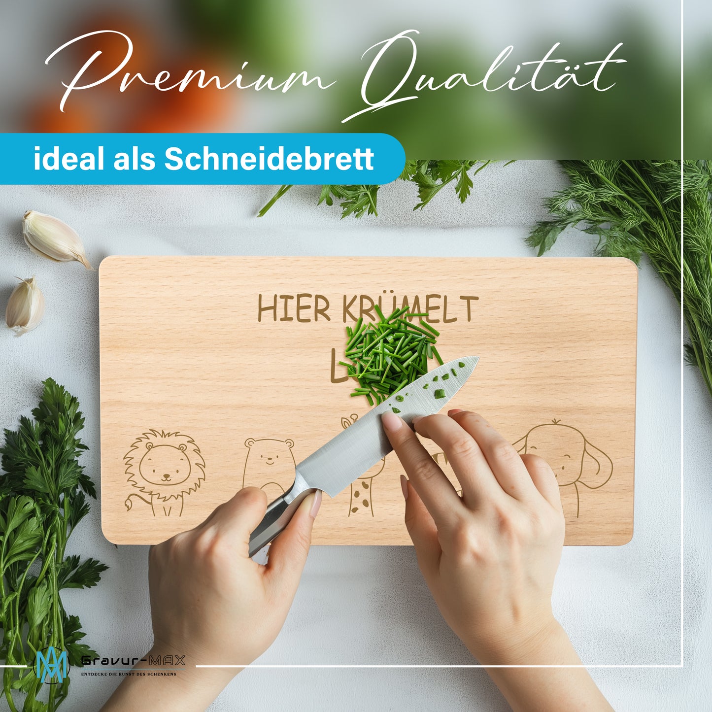 Frühstücksbrettchen 220x120mm mit Gravur "HIER KRÜMELT" Tierchen und Wunschname