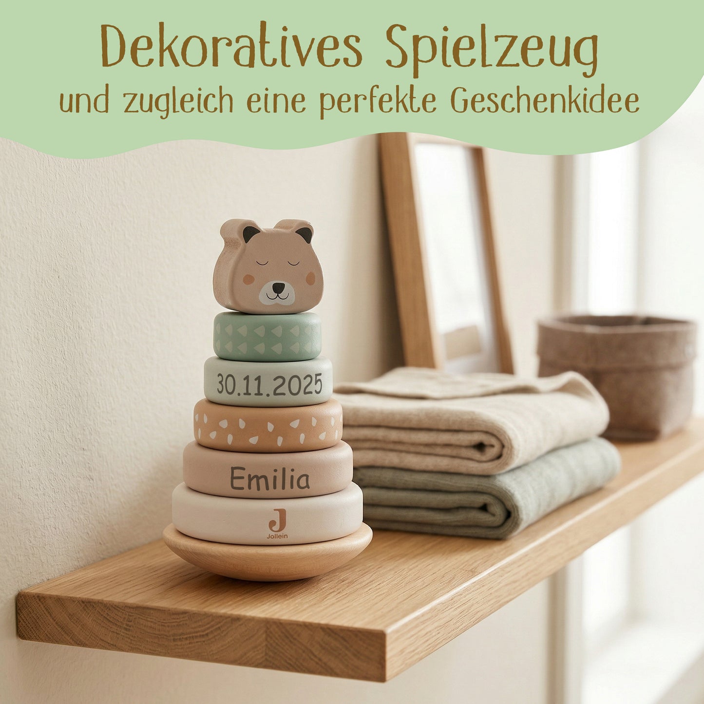 Jollein Stapelturm personalisierbar mit Name & Datum aus FSC-Holz - Babygeschenk zur Geburt oder Taufe