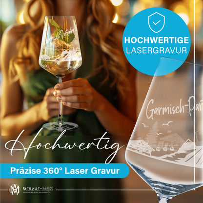 Weinglas mit Gravur Leonardo Puccini "SKYLINE GARMISCH-PARTENKIRCHEN" optional mit Wunschname