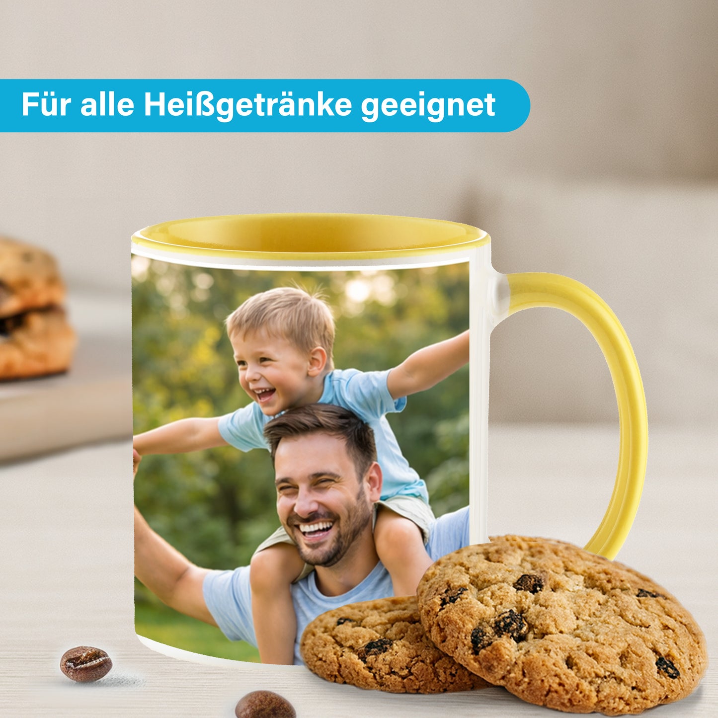 Personalisierte Fototasse selbst gestalten – in 13 ver. Farben mit eigenem Bild & Text | 3D Vorschau (330 ml)