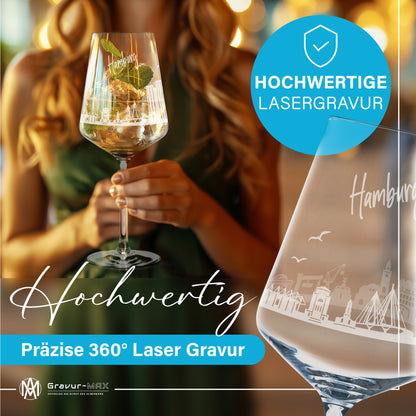 Weinglas mit Gravur Leonardo Puccini "SKYLINE HAMBURG" optional mit Wunschname