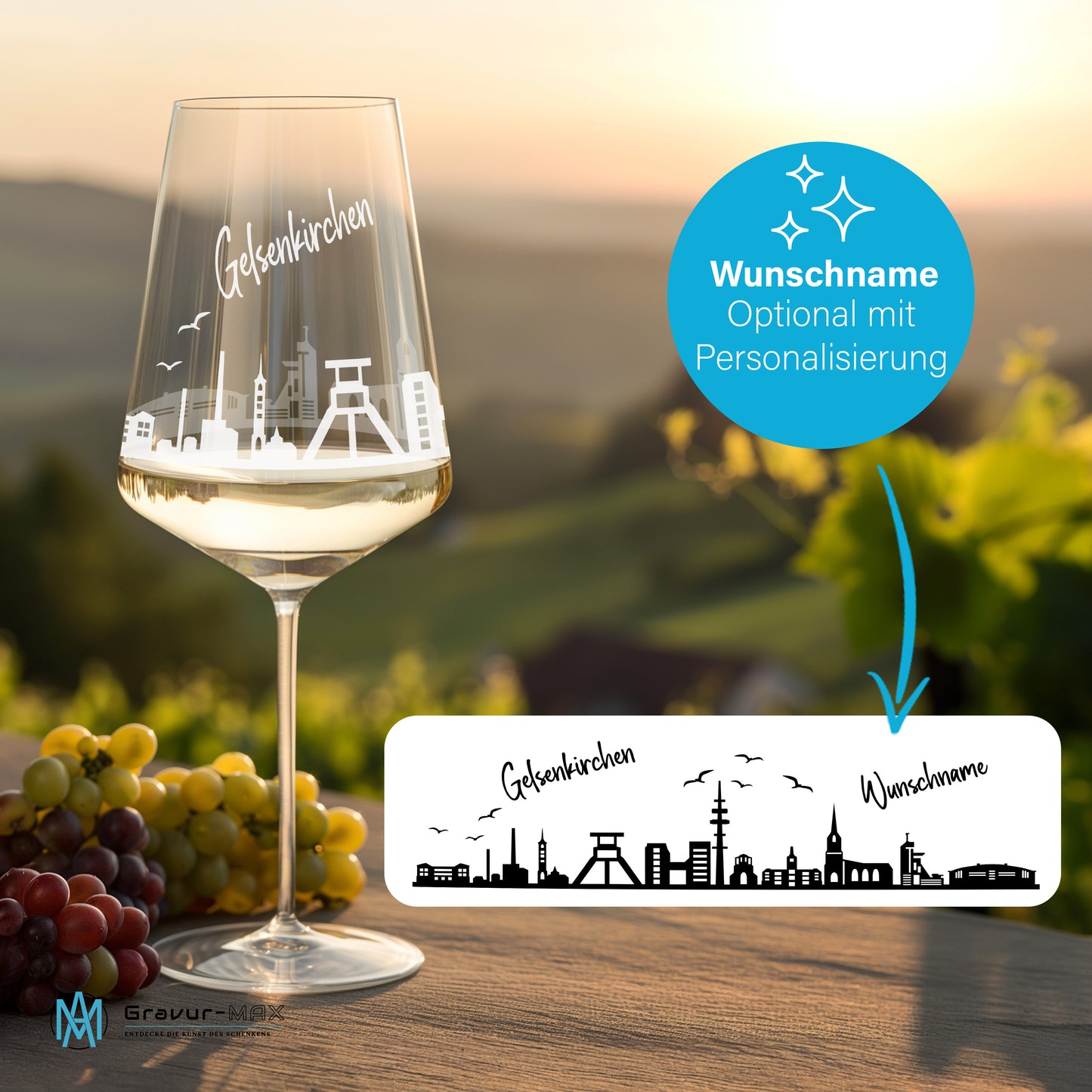 Weinglas mit Gravur Leonardo Puccini "SKYLINE GELSENKIRCHEN" 2 Gläser optional mit Wunschname