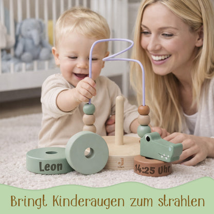 Jollein Aktivitätsspirale Kroko personalisierbar mit Name & Datum aus FSC-Holz - Motorikspielzeug - Babygeschenk zur Geburt oder Taufe