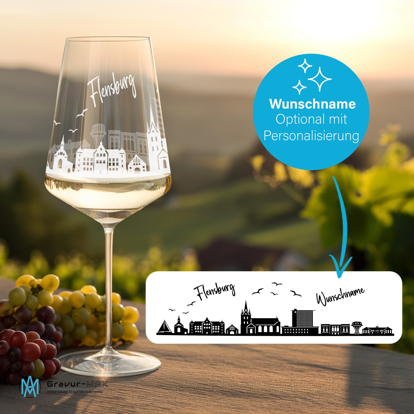 Weinglas mit Gravur Leonardo Puccini "SKYLINE FLENSBURG" 2 Gläser optional mit Wunschname
