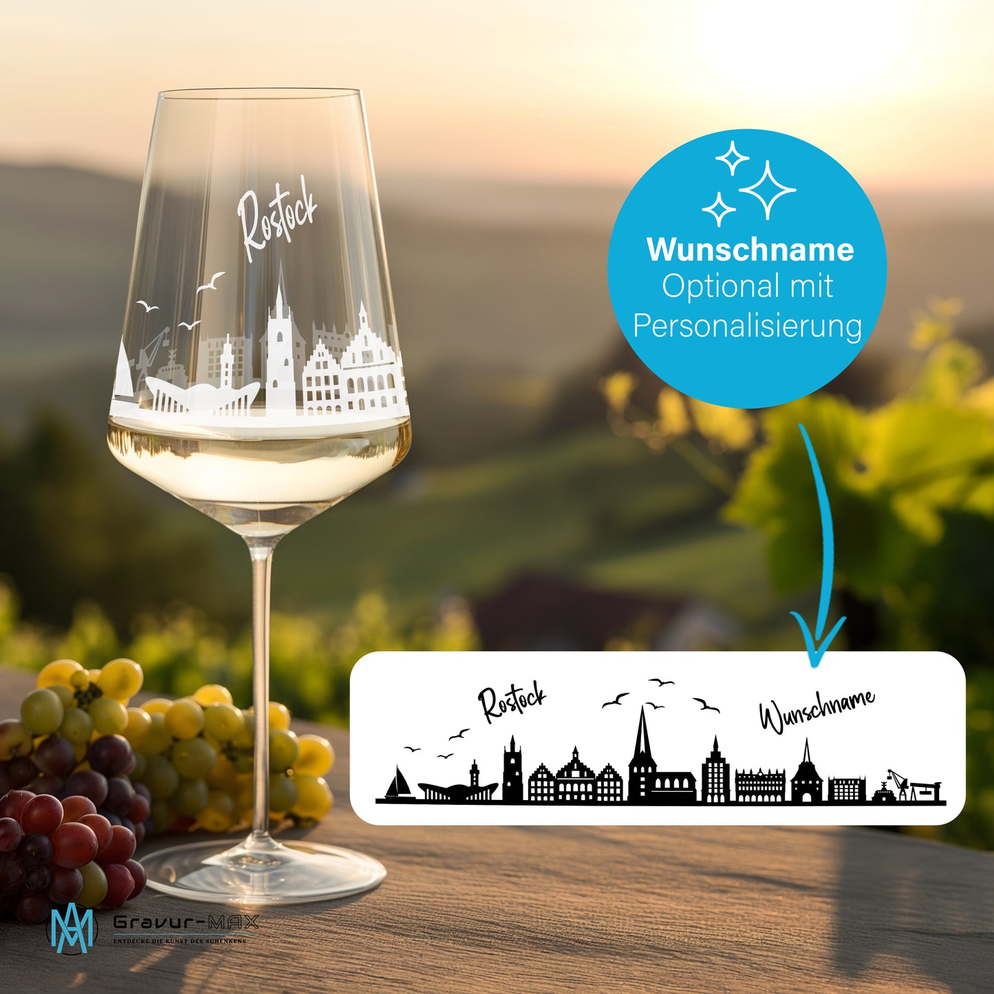 Weinglas mit Gravur Leonardo Puccini "SKYLINE ROSTOCK" optional mit Wunschname