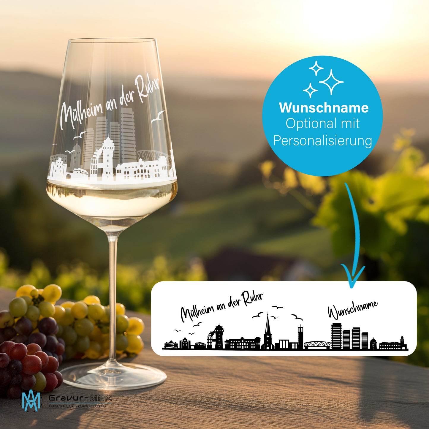 Weinglas mit Gravur Leonardo Puccini "SKYLINE MÜLHEIM AN DER RUHR" 2 Gläser optional mit Wunschname