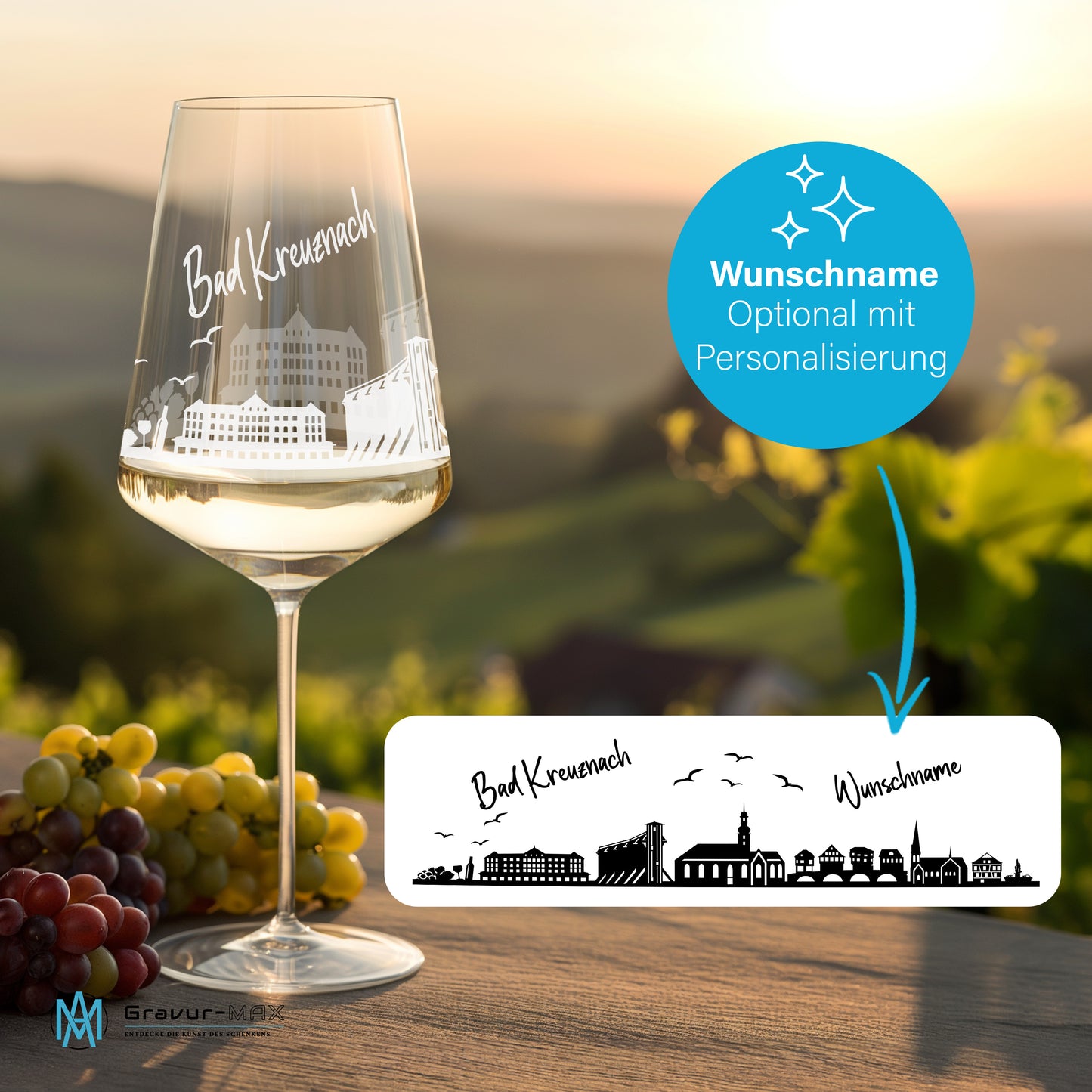 Weinglas mit Gravur Leonardo Puccini "SKYLINE BAD KREUZNACH" 2 Gläser optional mit Wunschname
