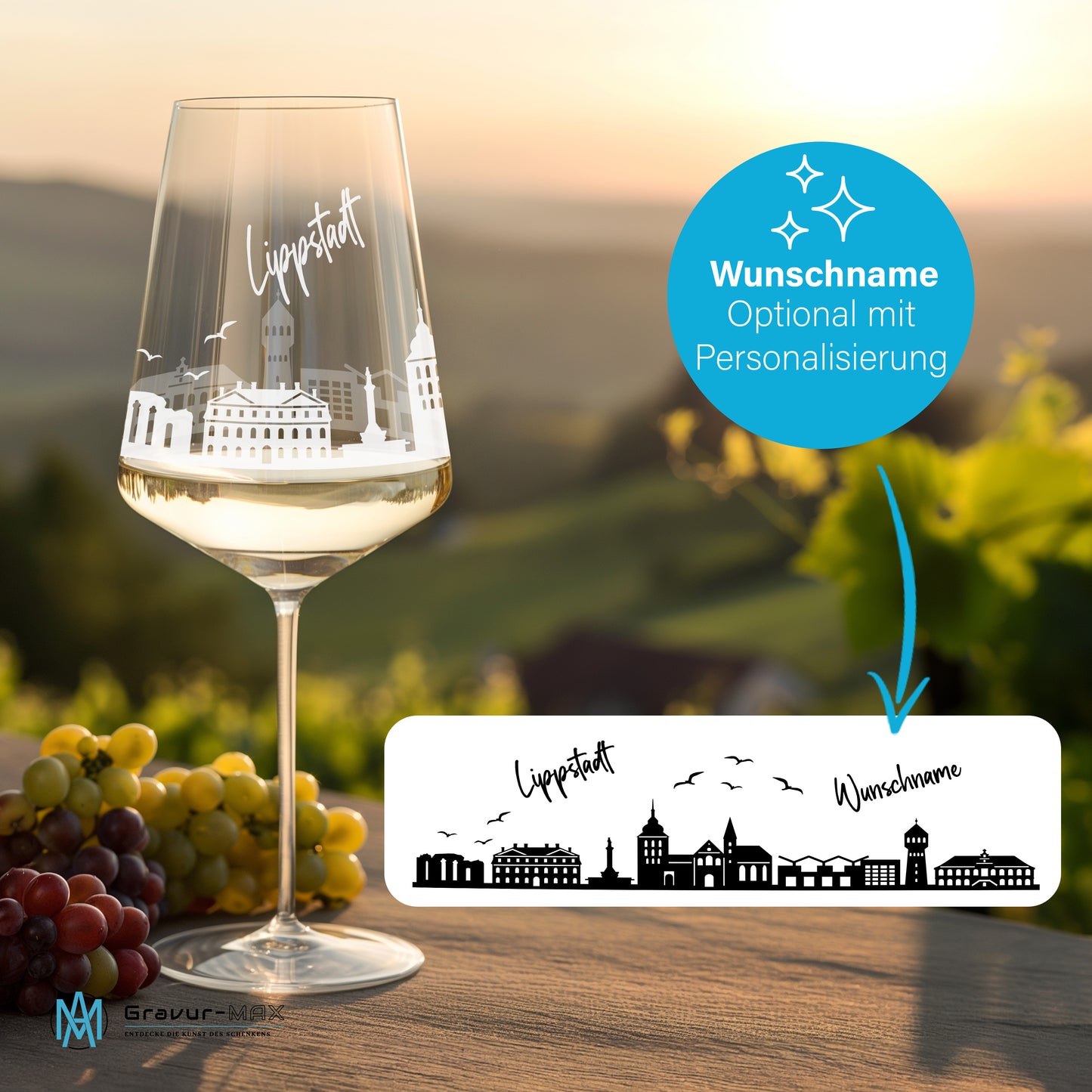 Weinglas mit Gravur Leonardo Puccini "SKYLINE LIPPSTADT" 2 Gläser optional mit Wunschname