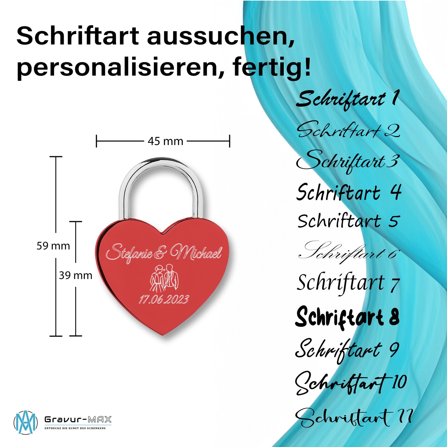 Herzschloss in Rot mit Gravur "Schlossherz" Liebesschloss personalisiert mit Wunschnamen in 4 ver. Farben