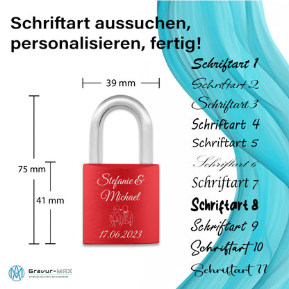 Liebesschloss in Rot mit Gravur "Doppelherz" personalisiert mit Wunschnamen in 6 ver. Farben