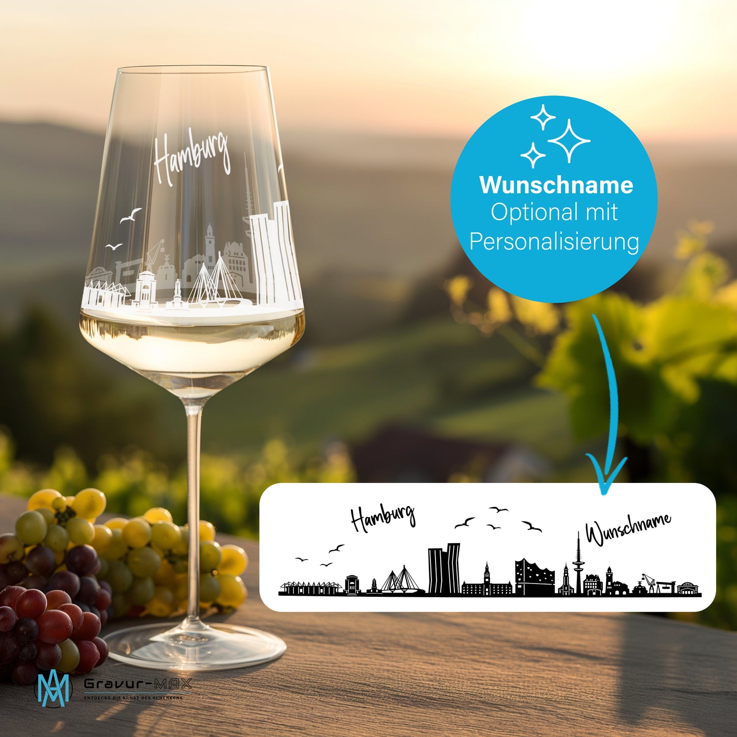 Weinglas mit Gravur Leonardo Puccini "SKYLINE HAMBURG" optional mit Wunschname