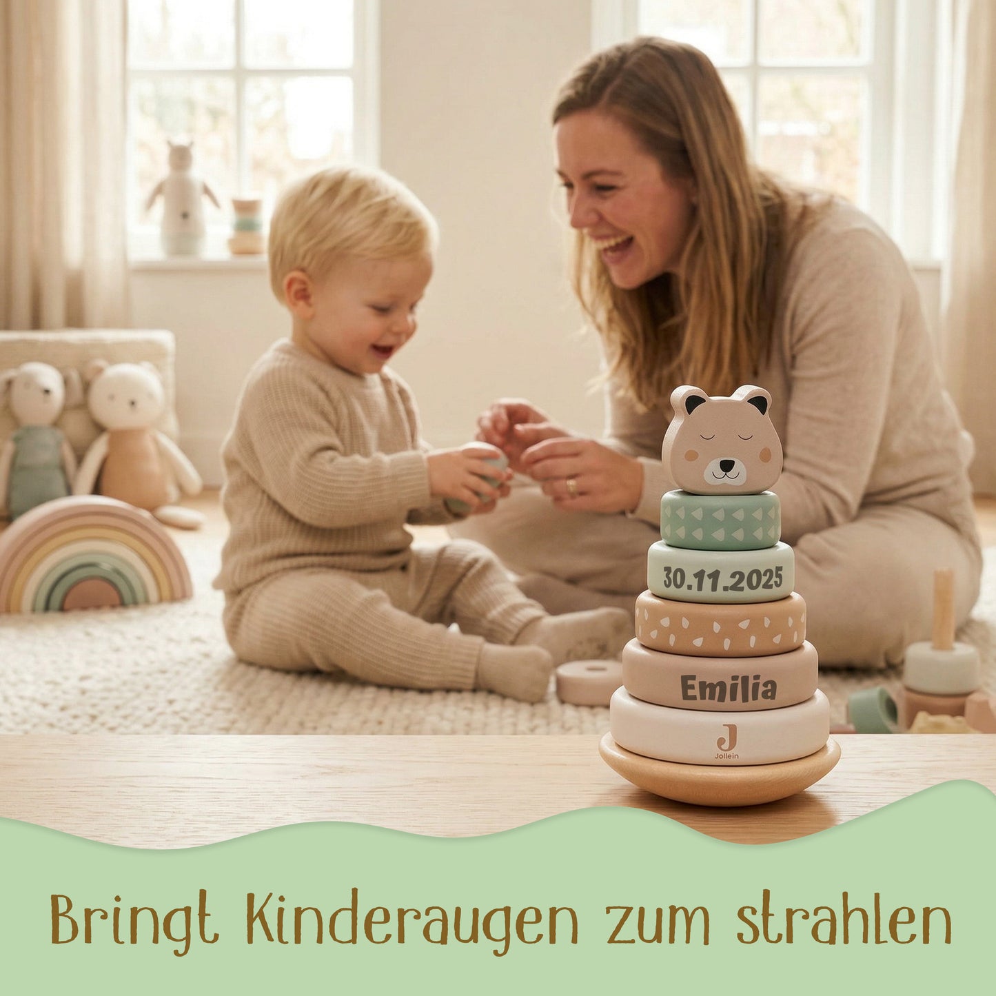 Jollein Stapelturm personalisierbar mit Name & Datum aus FSC-Holz - Babygeschenk zur Geburt oder Taufe