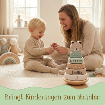 Jollein Stapelturm personalisierbar mit Name & Datum aus FSC-Holz - Babygeschenk zur Geburt oder Taufe