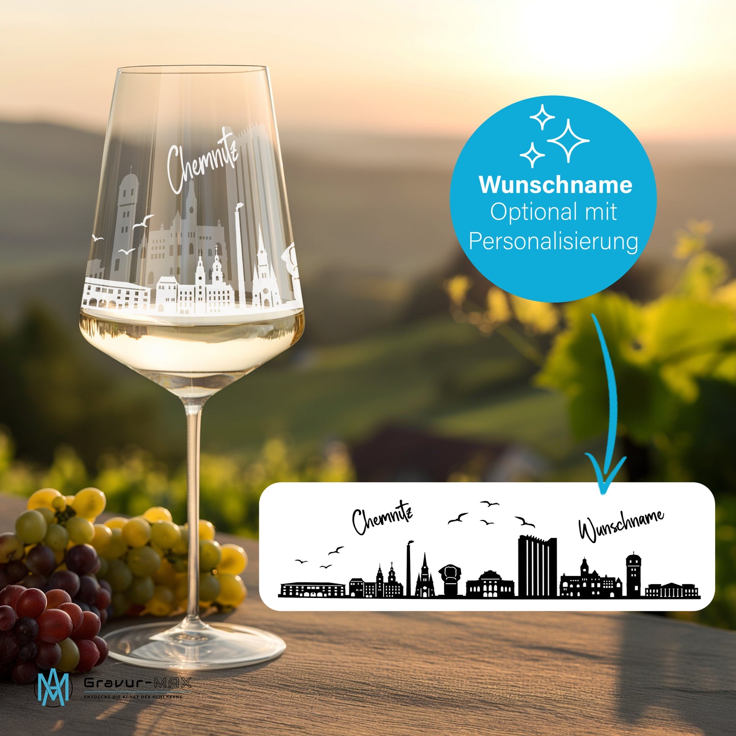 Weinglas mit Gravur Leonardo Puccini "SKYLINE CHEMNITZ" 2 Gläser optional mit Wunschname