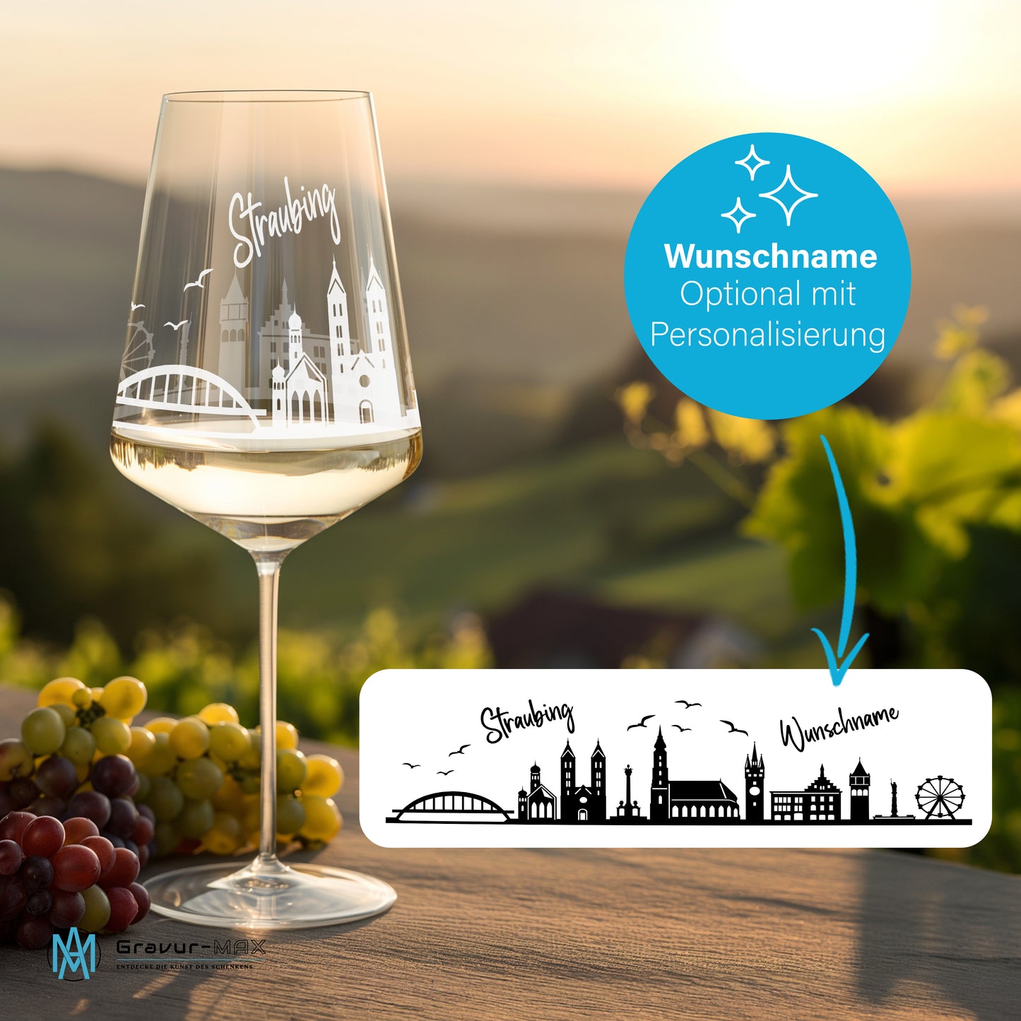 Weinglas mit Gravur Leonardo Puccini "SKYLINE STRAUBING" 2 Gläser optional mit Wunschname