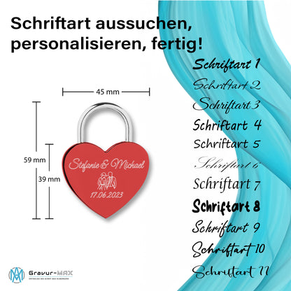 Herzschloss in Rot mit Gravur "Herzen" Liebesschloss personalisiert mit Wunschnamen in 4 ver. Farben