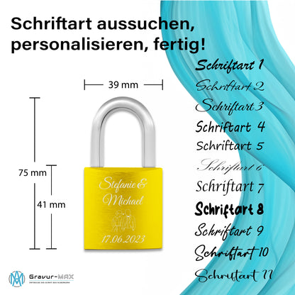 Liebesschloss in Gelb mit Gravur "Herzen" personalisiert mit Wunschnamen in 6 ver. Farben