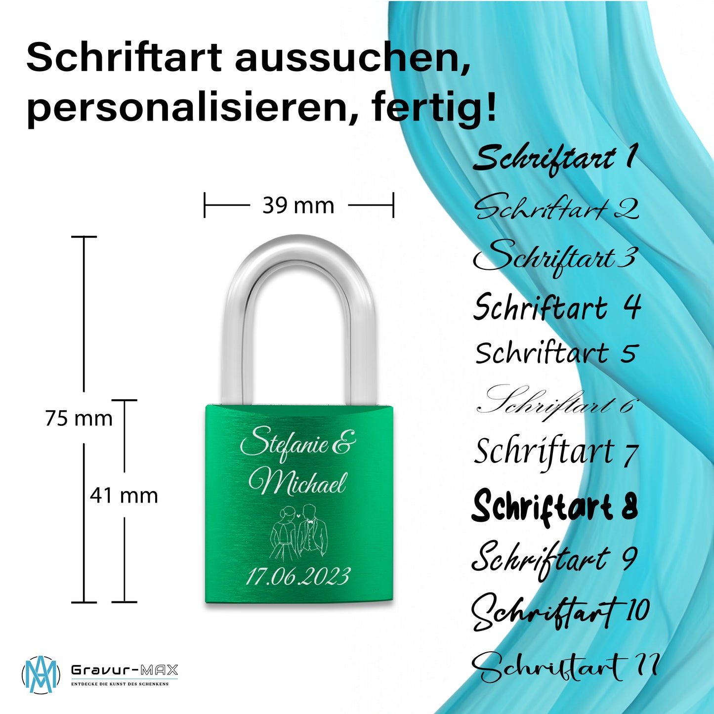 Liebesschloss in Grün mit Gravur "Herzranke" personalisiert mit Wunschnamen in 6 ver. Farben