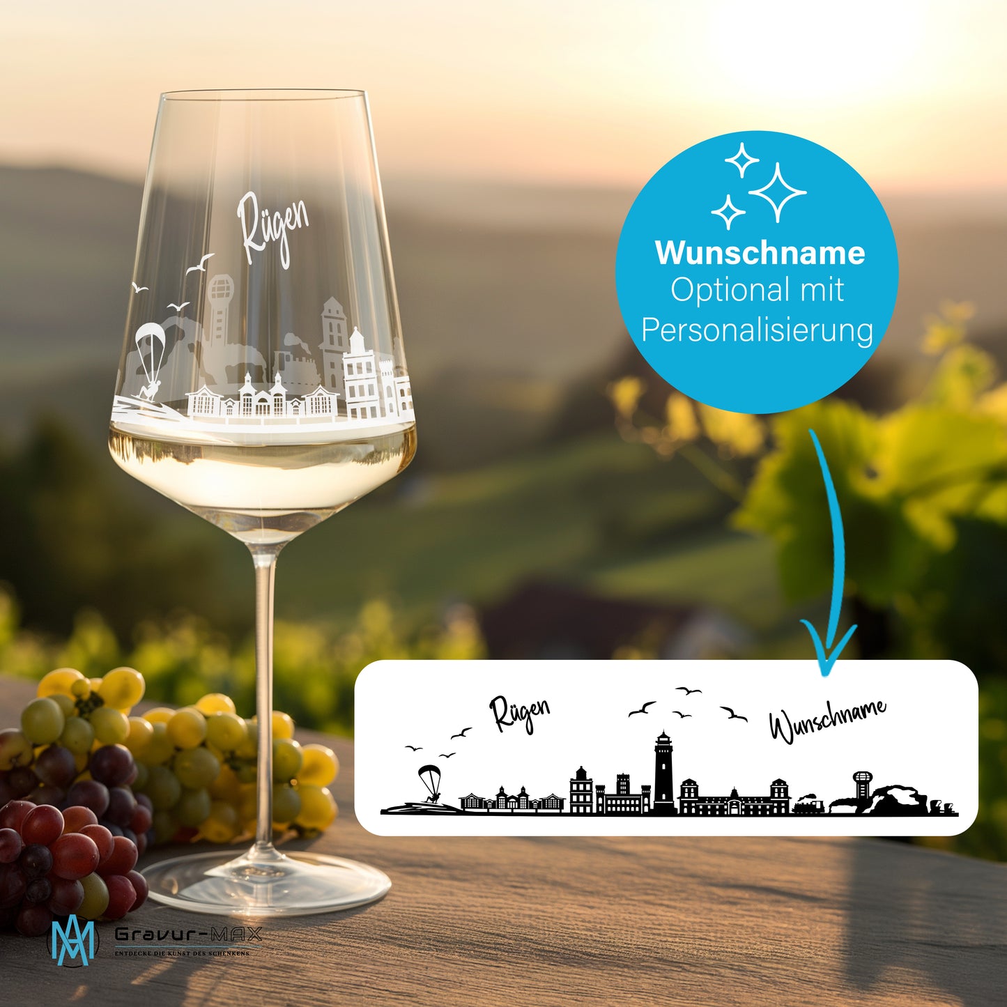 Weinglas mit Gravur Leonardo Puccini "SKYLINE RÜGEN" optional mit Wunschname