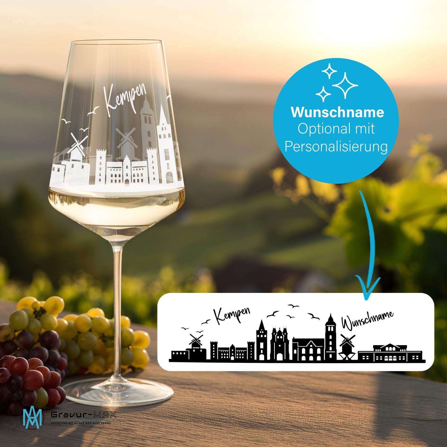 Weinglas mit Gravur Leonardo Puccini "SKYLINE KEMPEN" 2 Gläser optional mit Wunschname