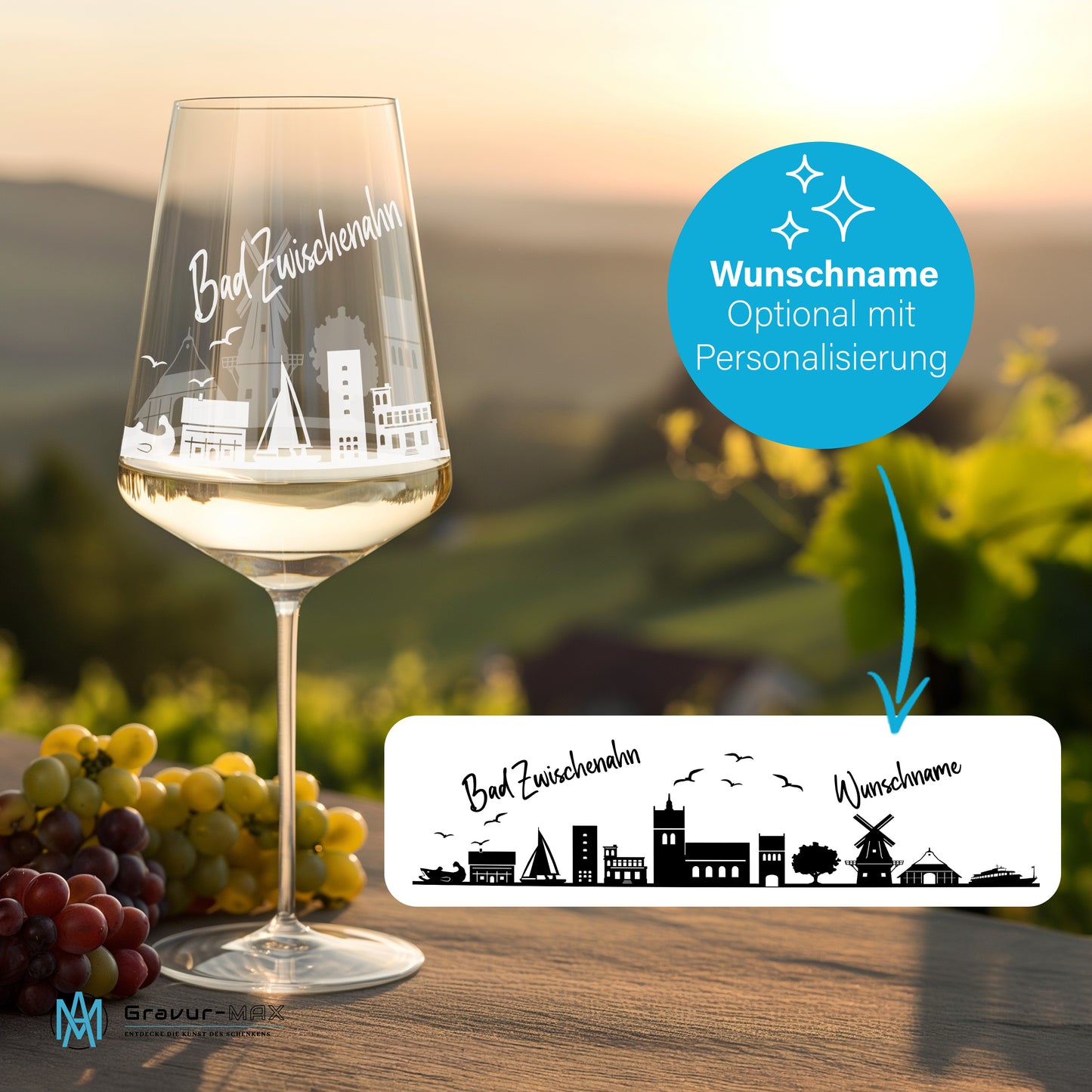 Weinglas mit Gravur Leonardo Puccini "SKYLINE BAD ZWISCHENAHN" 2 Gläser optional mit Wunschname